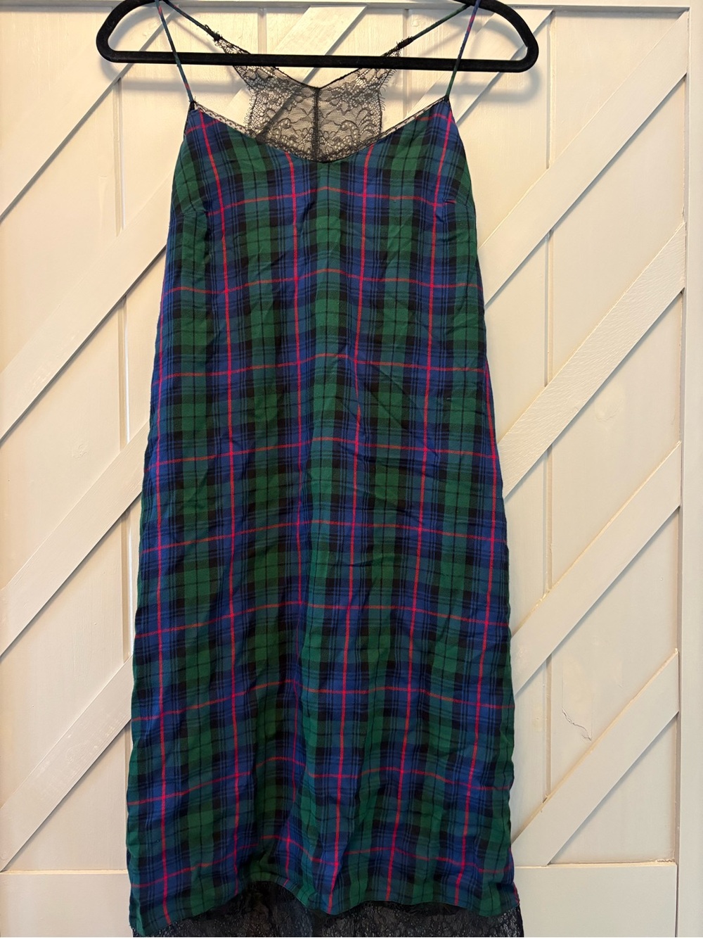 Zara Trafaluc Collection Green & Blue Plaid Slip Dress with Black Lace Trim